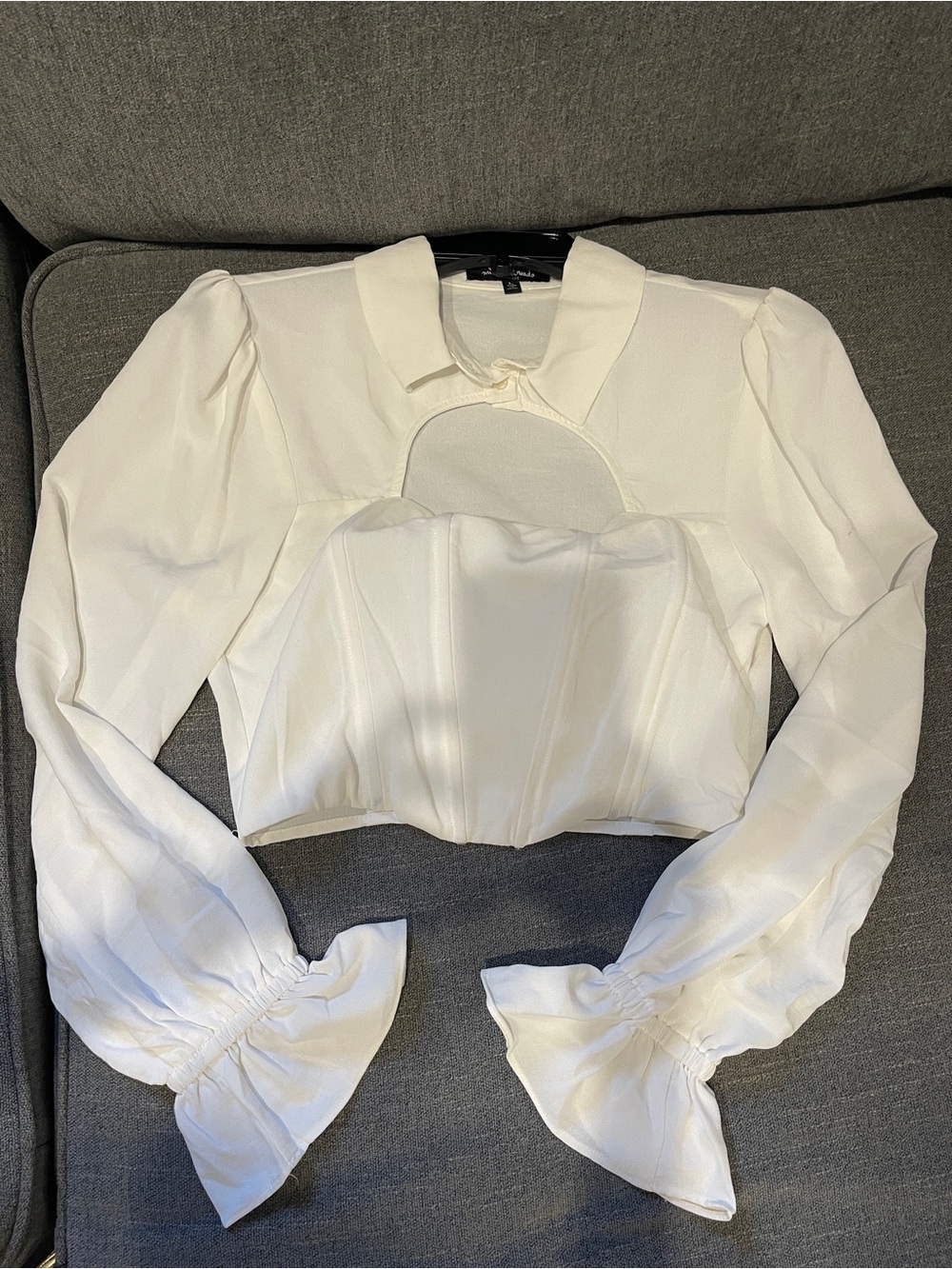 Mixed threads Elegant White Cropped Puff-Sleeve Top with Collar Size L